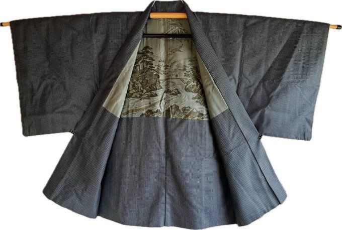 Haori Japonais homme Soie Bleu – Vue du mont Fuji et rivière 