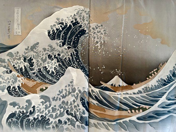 Haori japonais homme soie bleu Tsumugi La vague japonaise Nami Hokusai 