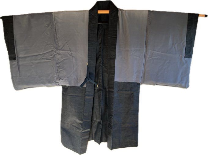 Haori japonais homme soie bleu Tsumugi La vague japonaise Nami Hokusai 