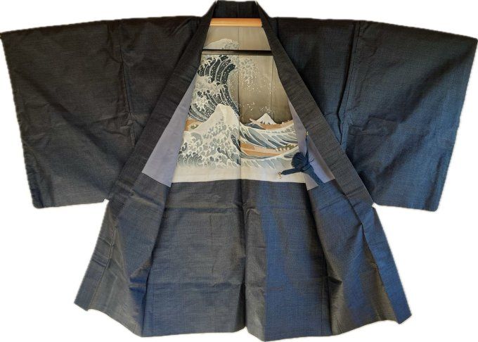 Haori japonais homme soie bleu Tsumugi La vague japonaise Nami Hokusai 