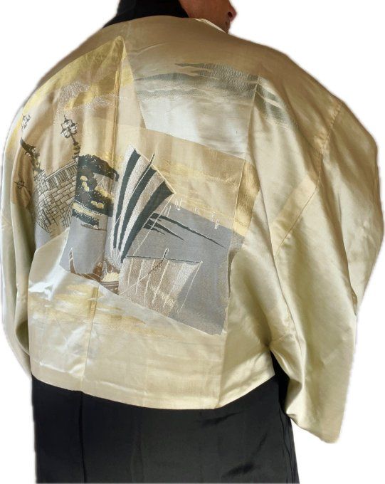 Haori japonais homme soie noire Futatsu Hiki Montsuki – Haura Art déco Japon Paris