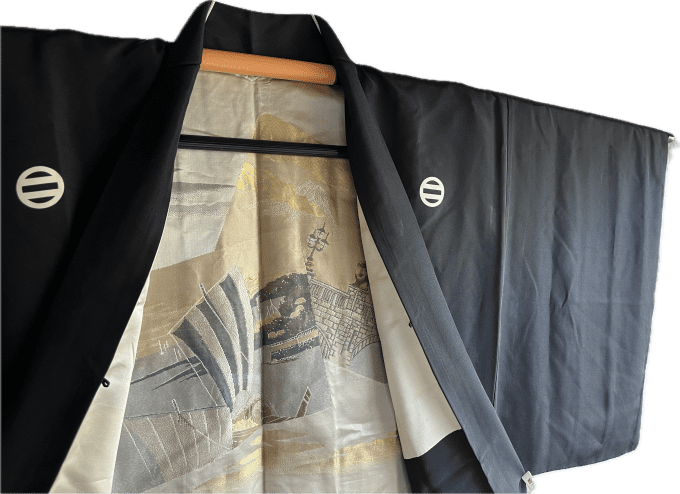 Haori japonais homme soie noire Futatsu Hiki Montsuki – Haura Art déco Japon Paris