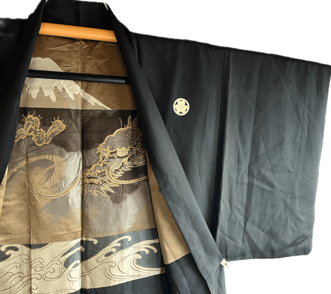 Haori japonais Homme Soie Noire Katabami Montsuki Fuji & Dragon
