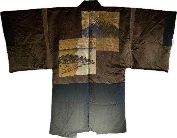 Haori Japonais Homme en Soie Noire Kiri Montsuki - Vue du Mont Fuji