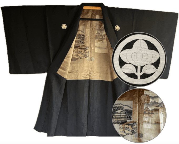 Haori japonais homme soie noire Tachibana Montsuki -Kinkakuji & Jinja Kyoto Japon