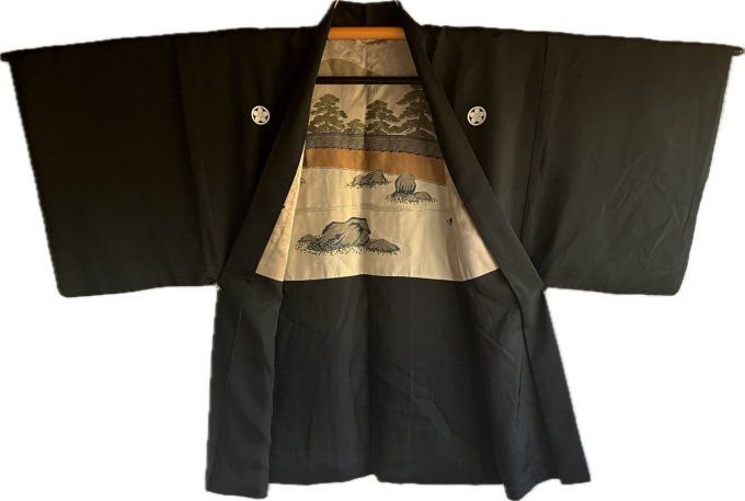 Haori japonais homme soie noire Umebachi Montsuki Jardin Zen du temple Ryoanji Kyoto 