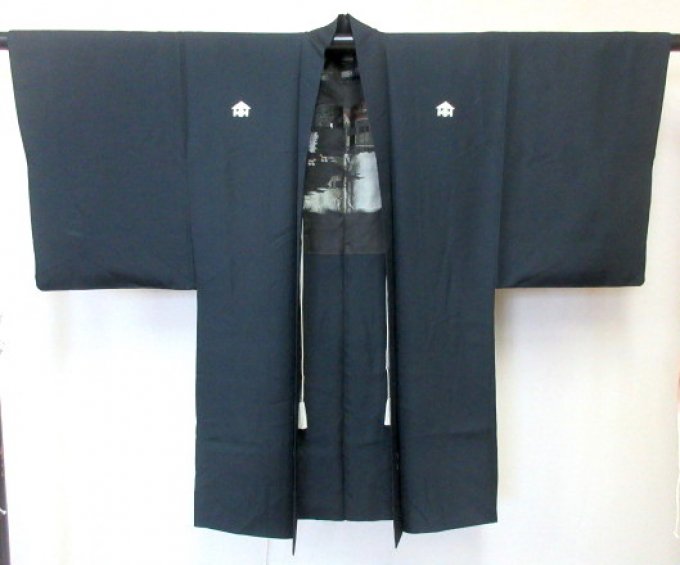 Set Antique haori & kimono japonais samourai soie noire Ura Awase Montsuki Miyajima homme