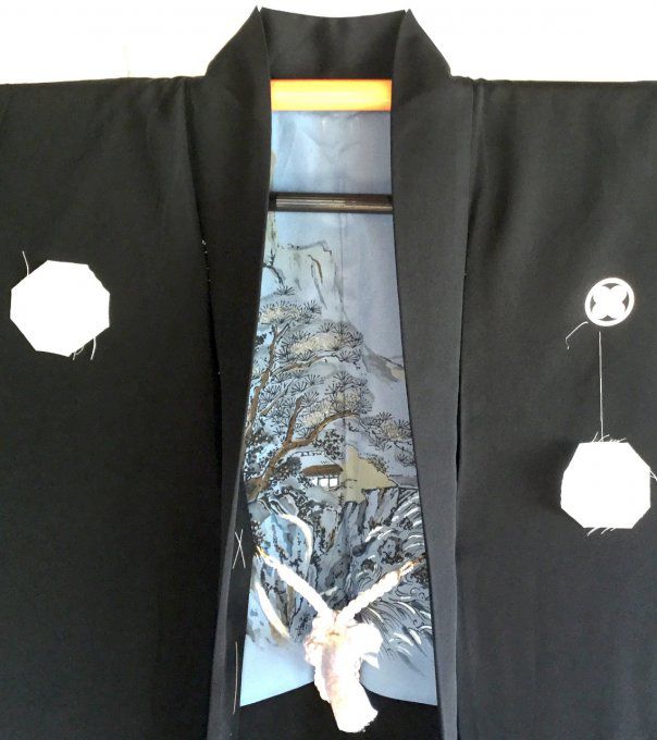 Antique Haori samourai soie noire Takanohane Montsuki Nihon no Yama Kurashi homme "Made in Japan"  