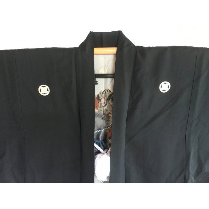  Antique Haori samourai Ikusa "Erabareru Mono No Musha" TakanoHane Montsuki soie noire homme