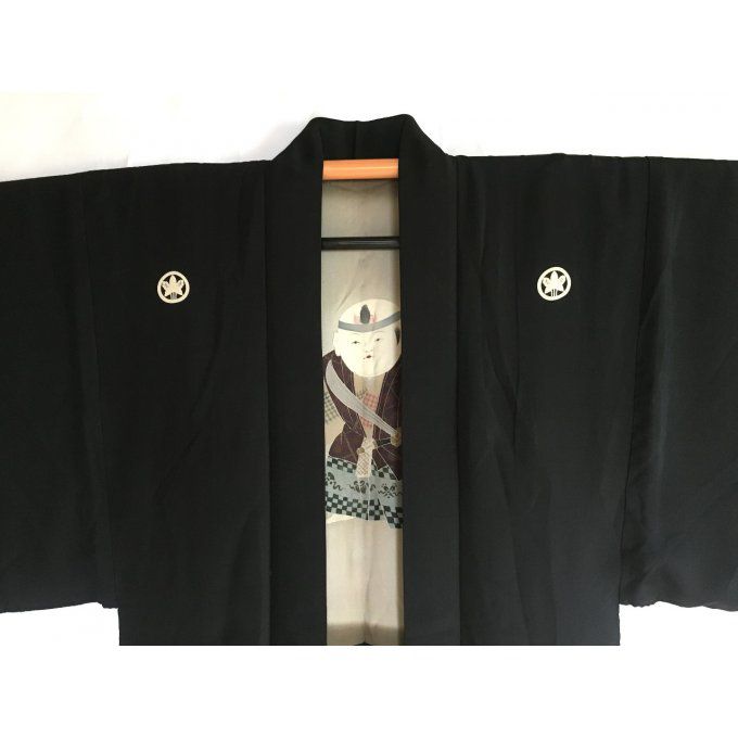 Antique veste kimono Haori Nô no Mai Kodomo Samourai Montsuki soie noire homme "Made in Japan" 