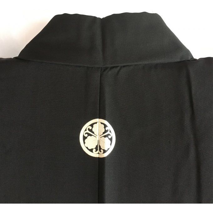 Antique kimono japonais samourai Iaido Kenjutsu soie noire Maruni Tsuru Kashiwa Montsuki homme