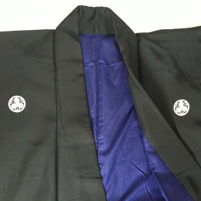 Antique kimono japonais samourai Iaido Kenjutsu soie noire Maruni Tsuru Kashiwa Montsuki homme