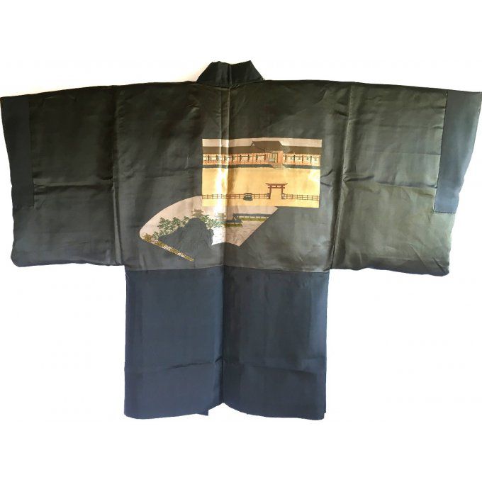 Antique Haori Samourai soie noire Yama no Jinja Takano Hane Montsuki homme "Made in Japan"