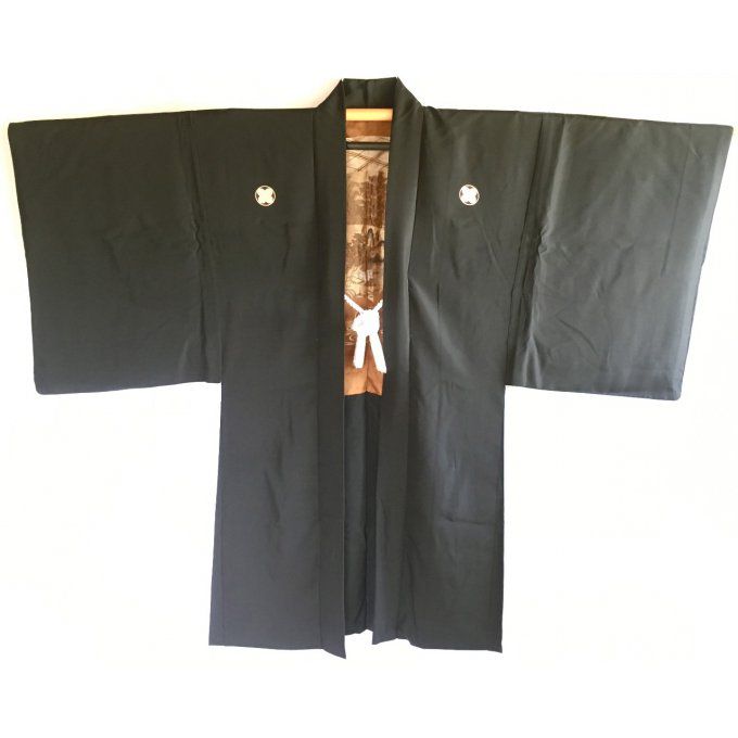 Antique Haori Samourai soie noire Yama no O Tera Takano Hane Montsuki homme