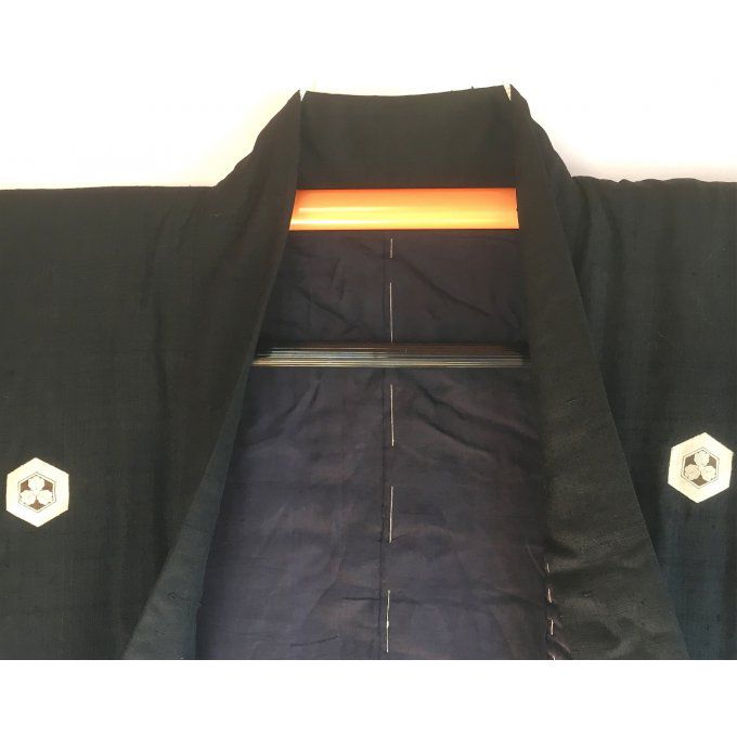 Antique kimono japonais samourai soie noire MitsuKashiwa Montsuki hiver homme