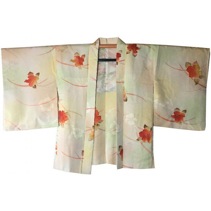 Ancien haori Camélia du Japon soie jaune pastel femme