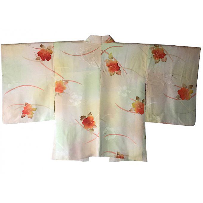 Ancien haori Camélia du Japon soie jaune pastel femme