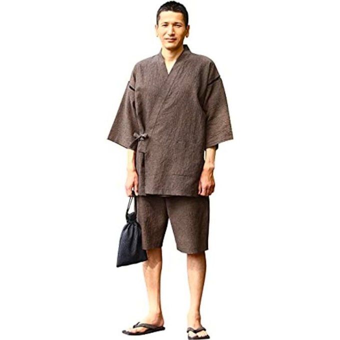 Jinbei Chijimi Ori Kogarachi Cha coton marron homme "Made in Japan"   