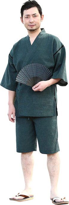 Jinbei Chijimi Ori Sensai Midori coton vert homme "Made in Japan"    