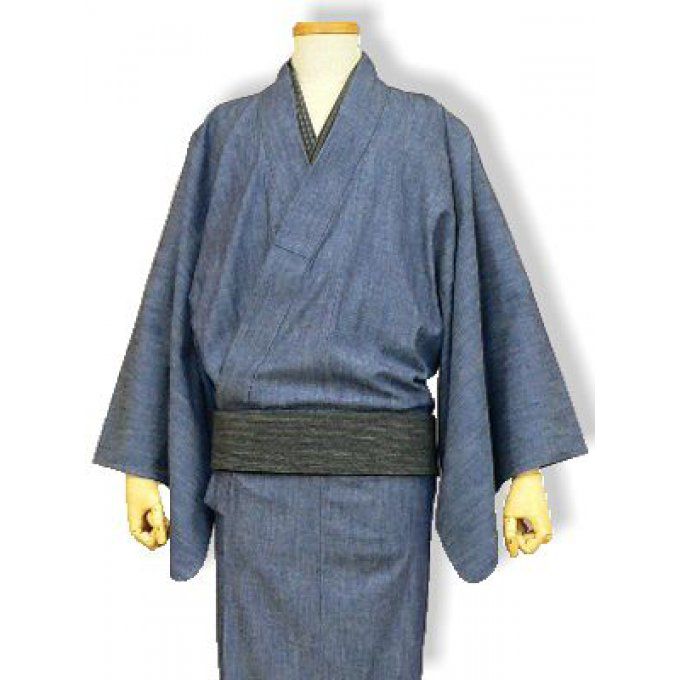 Kimono traditionnel japonais haute couture Lin/Coton bleu homme "HandMade in Japan" 