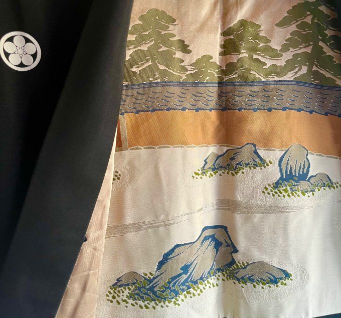 Haori japonais homme soie noire Umebachi Montsuki Jardin Zen du temple Ryoanji Kyoto 