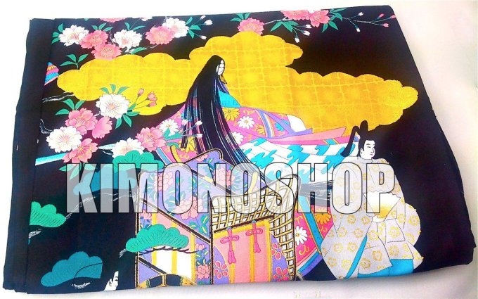 Kimono Happi 45 inch Yuzen Geisha Sakura noir coton satin femme "Made in Kyoto Japan" 
