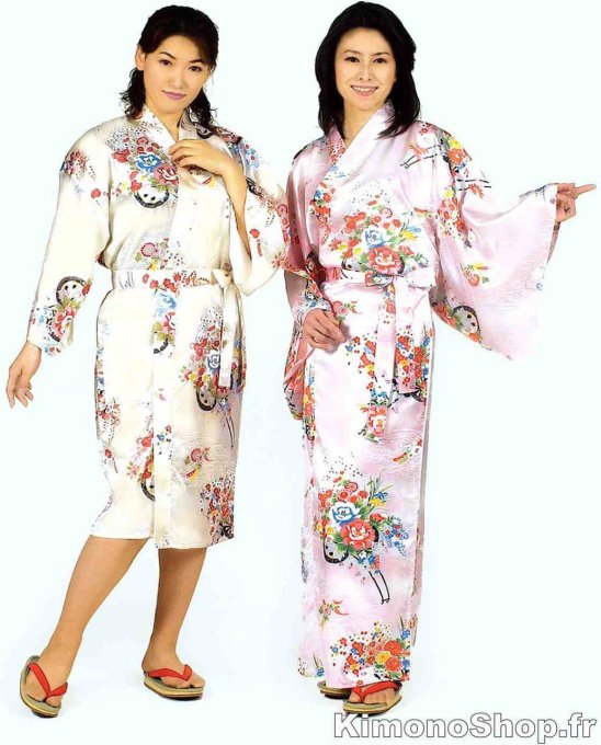 Kimono japonais Bokashi Hanaguruma ivoire polyester femme "Made in Japan" 