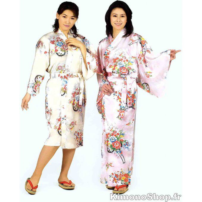 Kimono japonais Bokashi Hanaguruma rose polyester femme "Made in Japan"