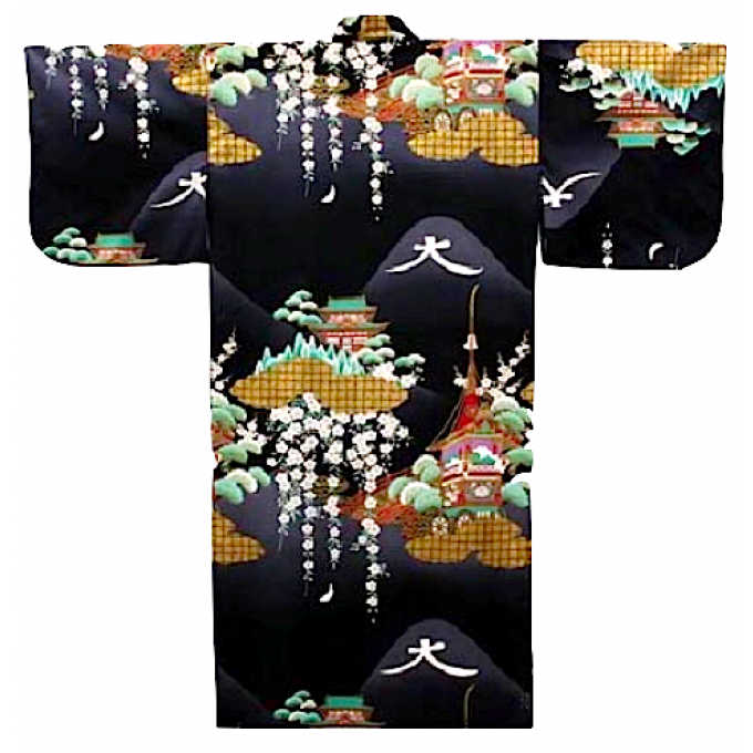 Kimono japonais Daimonji noir coton femme "Made in Japan"