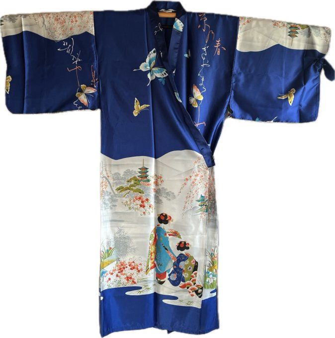 Kimono japonais femme Maiko Kyoto polyester bleu marine  56inch "Made in Japan" 
