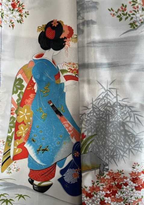 Kimono japonais femme Maiko Kyoto polyester bleu marine  56inch "Made in Japan" 