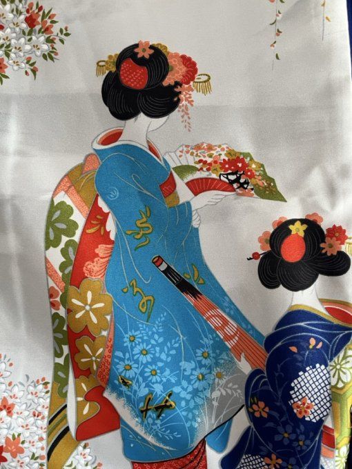 Kimono japonais femme Maiko Kyoto polyester bleu marine  56inch "Made in Japan" 