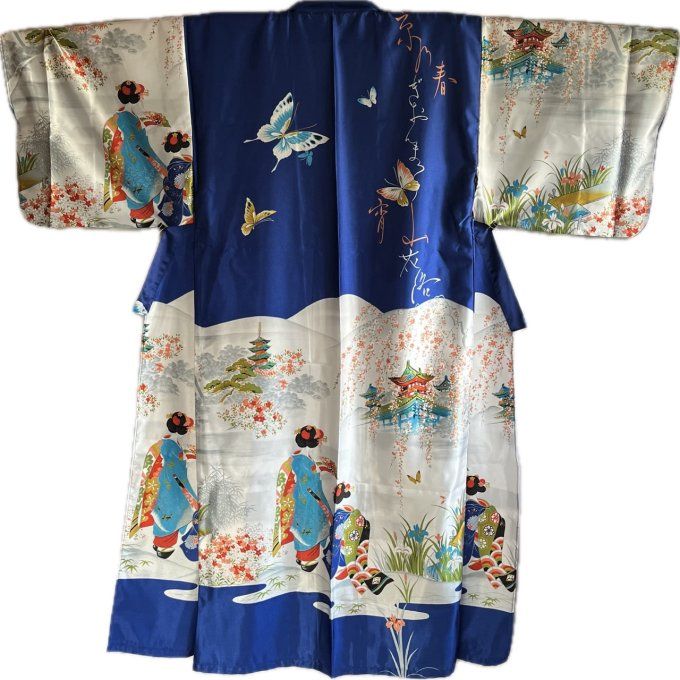 Kimono japonais femme Maiko Kyoto polyester bleu marine  56inch "Made in Japan" 