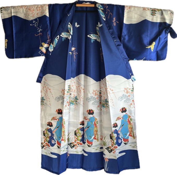 Kimono japonais femme Maiko Kyoto polyester bleu marine  56inch "Made in Japan" 