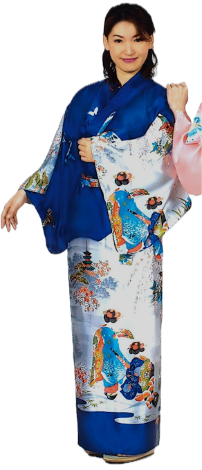 Kimono japonais femme Maiko Kyoto polyester bleu marine  56inch "Made in Japan" 