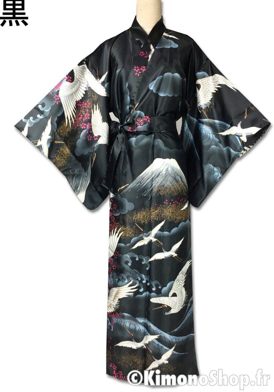 Kimono japonais Fuji San Tsuru noir polyester femme "Made in Japan"