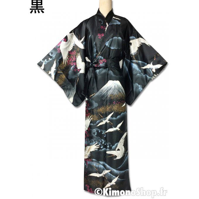 Kimono japonais Fuji San Tsuru noir polyester femme "Made in Japan"