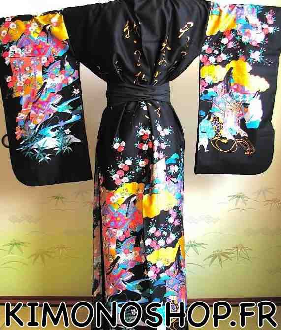 Kimono japonais Geisha Sakura noir coton satin femme "Made in Japan"