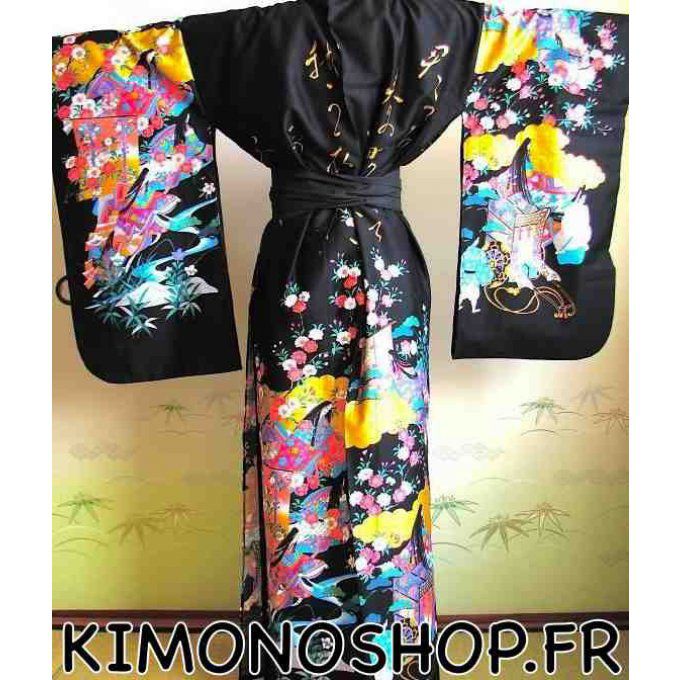 Kimono japonais Geisha Sakura noir coton satin femme "Made in Japan"