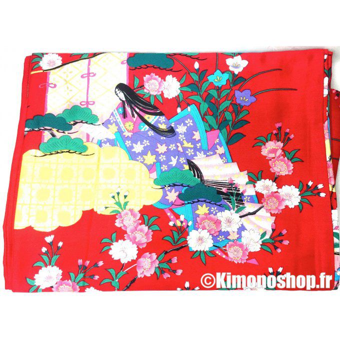 Kimono japonais O hanami Kinmoji Yuzen coton satin femme "Made in Japan"