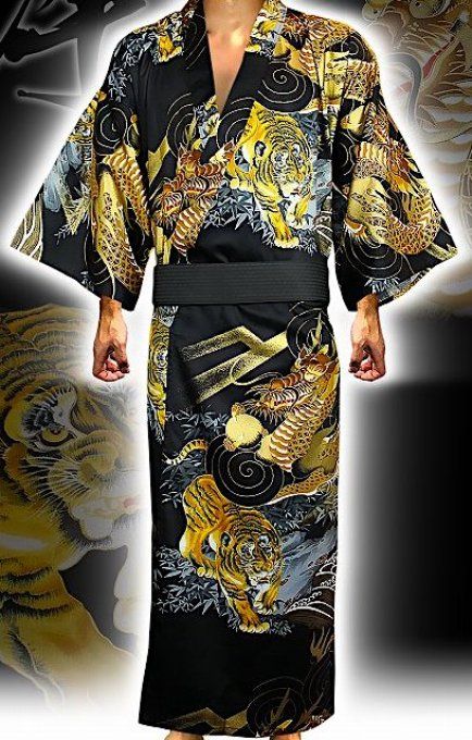 Kimono japonais Ryu Tora Dragon VS Tigre coton noir homme