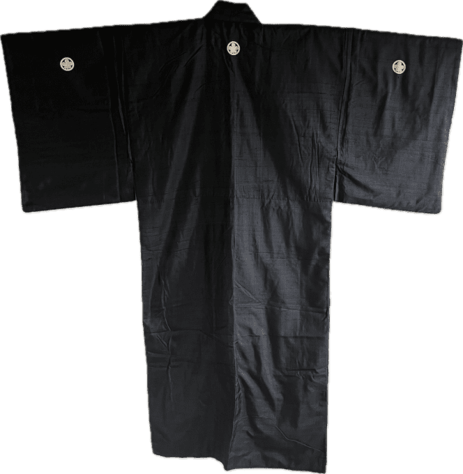 Kimono japonais traditionnel homme -Soie noire Tsumugi - Kajinoha Montsuki