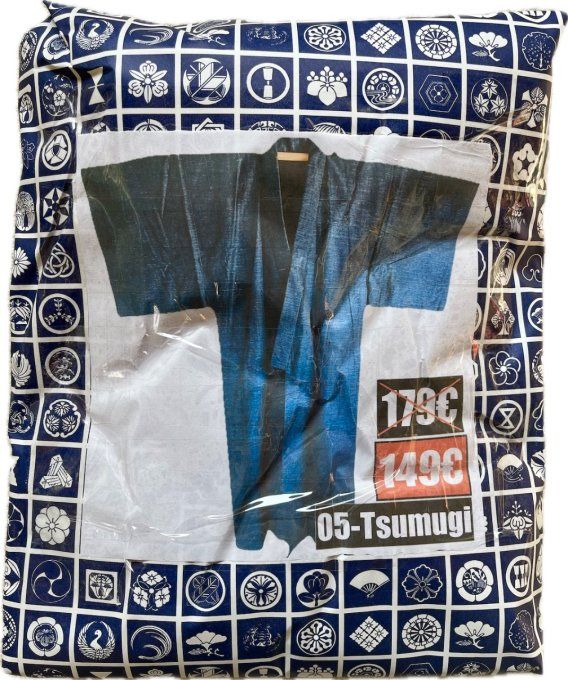Kimono japonais traditionnel homme soie bleu Tsumugi Oshima Strie 05