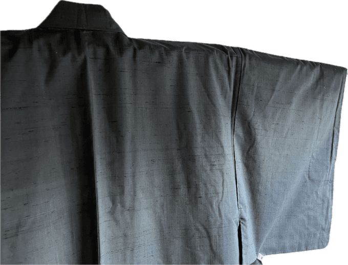 Kimono japonais traditionnel en soie sauvage Tsumugi bleu  verdâtre homme 06