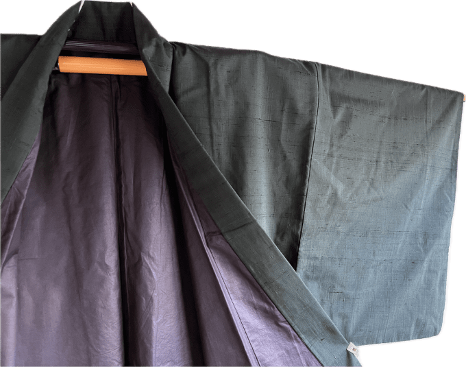 Kimono japonais traditionnel en soie sauvage Tsumugi bleu  verdâtre homme 06