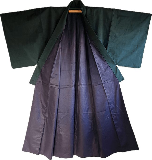 Kimono japonais traditionnel en soie sauvage Tsumugi bleu  verdâtre homme 06