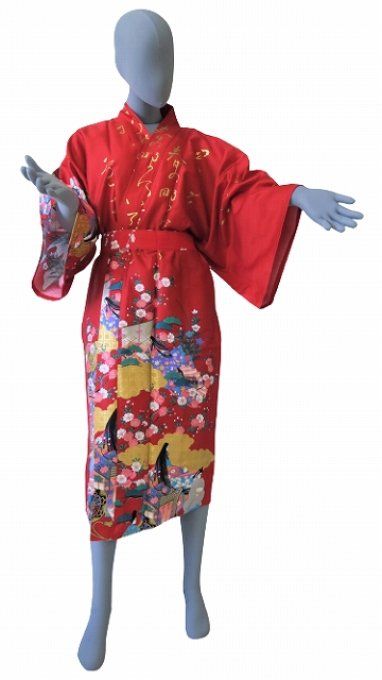 Kimono Happi 45 inch Yuzen Geisha Sakura rouge coton satin femme "Made in Kyoto Japan" 