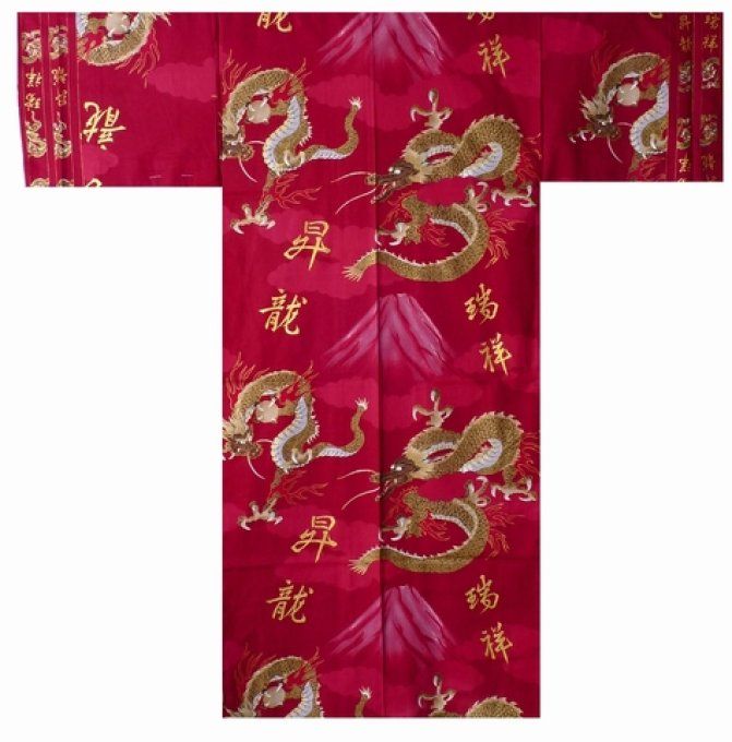 Yukata Fuji To Ryu coton rouge Taille Kimono 58inch homme  