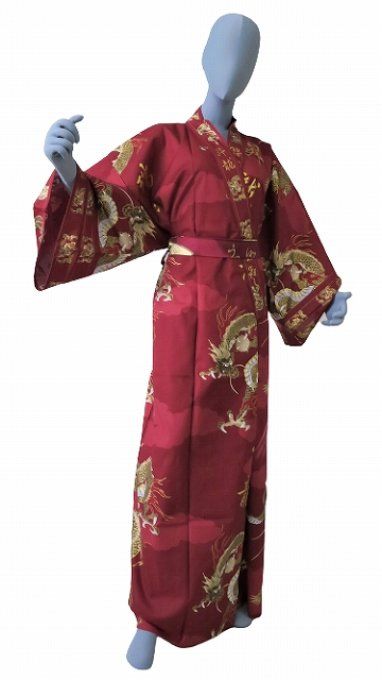 Yukata Fuji To Ryu coton rouge Taille Kimono 58inch homme  