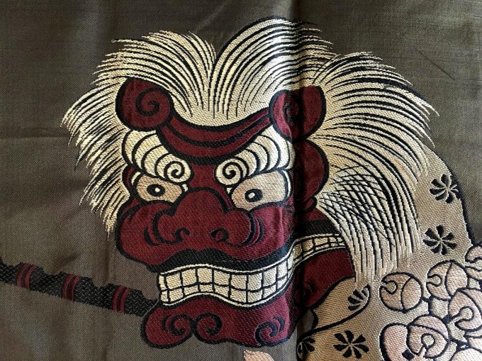 Antique veste kimono Haori homme soie noire Takenoko Montsuki Danse du lion Shishi Mai Ise Jingu  